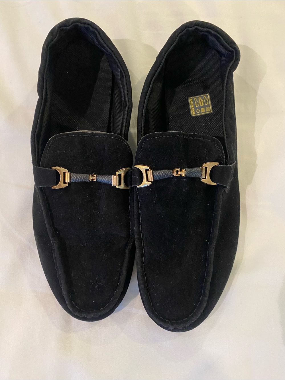 Black Faux‎ Suede Men's Slip-On Loafers with Gold Detail